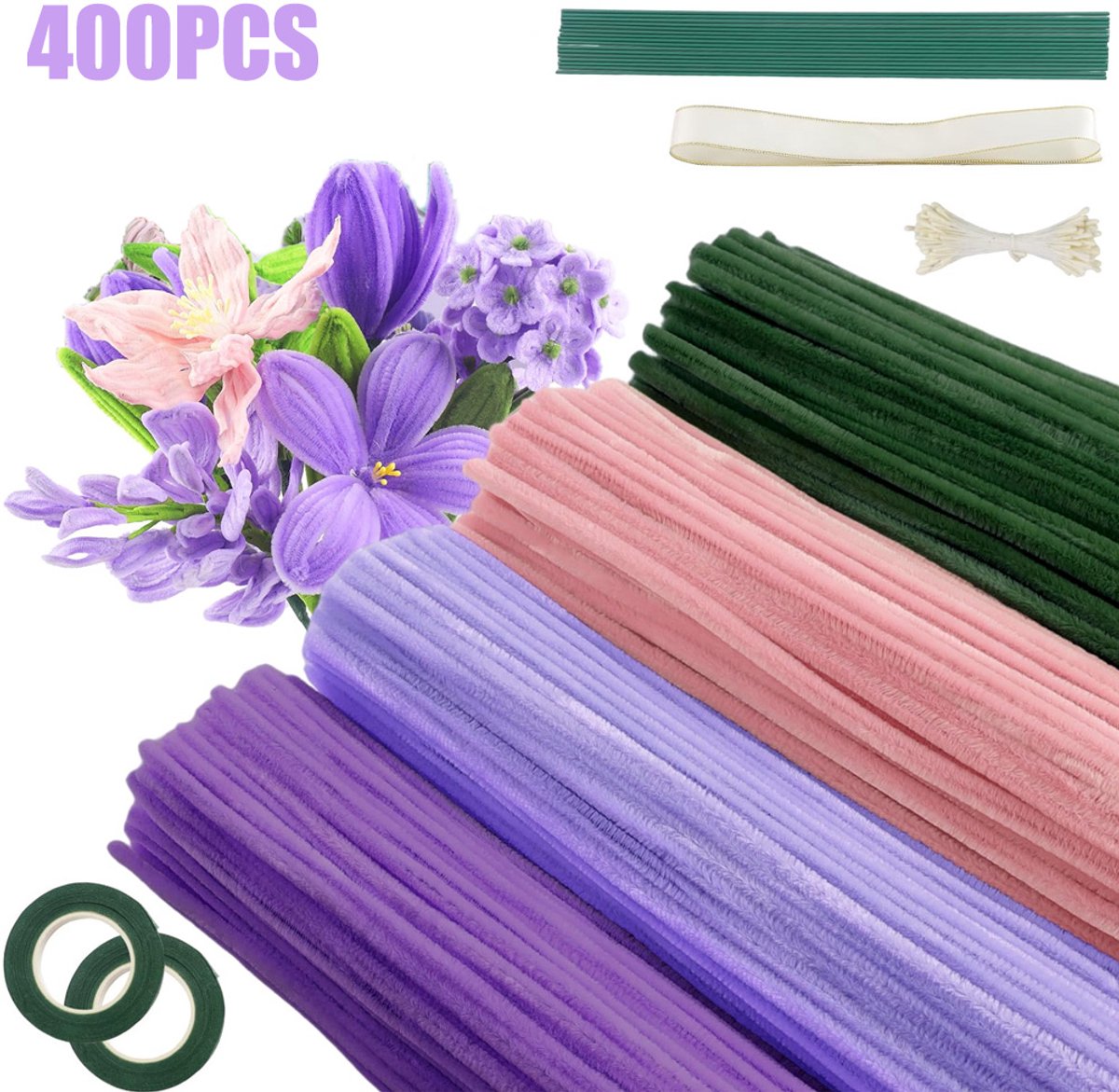 400 stuks pijpenragers voor knutselen - 4 verschillende kleuren pijpenragers in bulk - Chenille stengels voor DIY bloemen - Kitset met bloemendraad, tuintape, meeldraden en lint (paars)