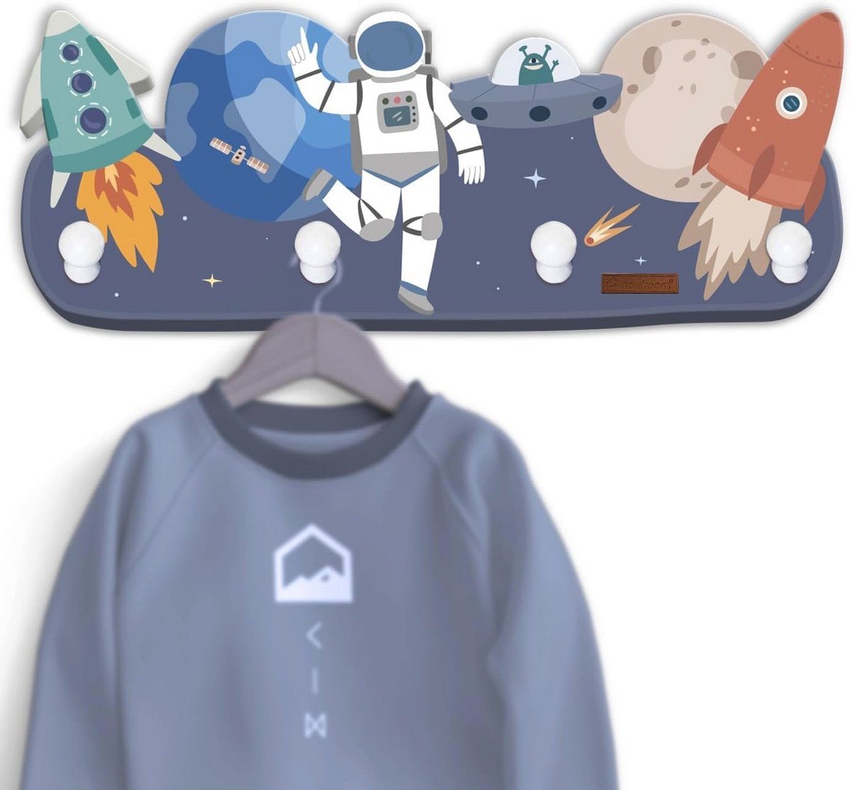 Kindergarderobe met astronaut - wandkapstok voor kinderkamer - houten kapstok met 4 haken