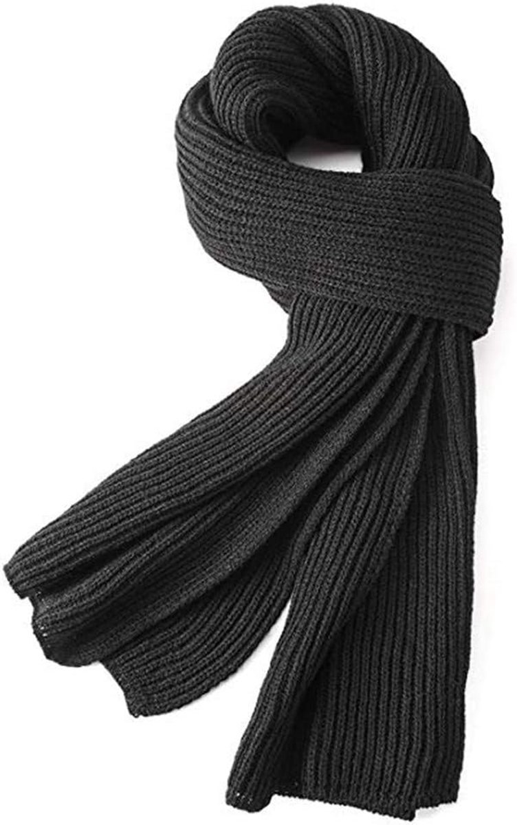 MDUG Gebreide Sjaal - Unisex gebreide sjaal in effen kleur - 185 x 30 cm - Zwart - Warme wintersjaal - Klassieke gebreide sjaal - Stijlvol en warm - Geschikt voor herfst en winter