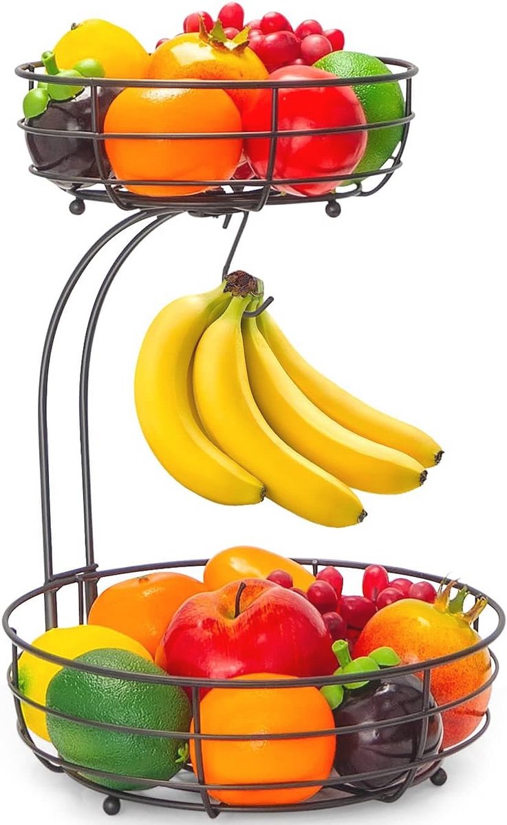 2-Tier Countertop Fruit and Vegetable Storage Bowl with Banana Hanger