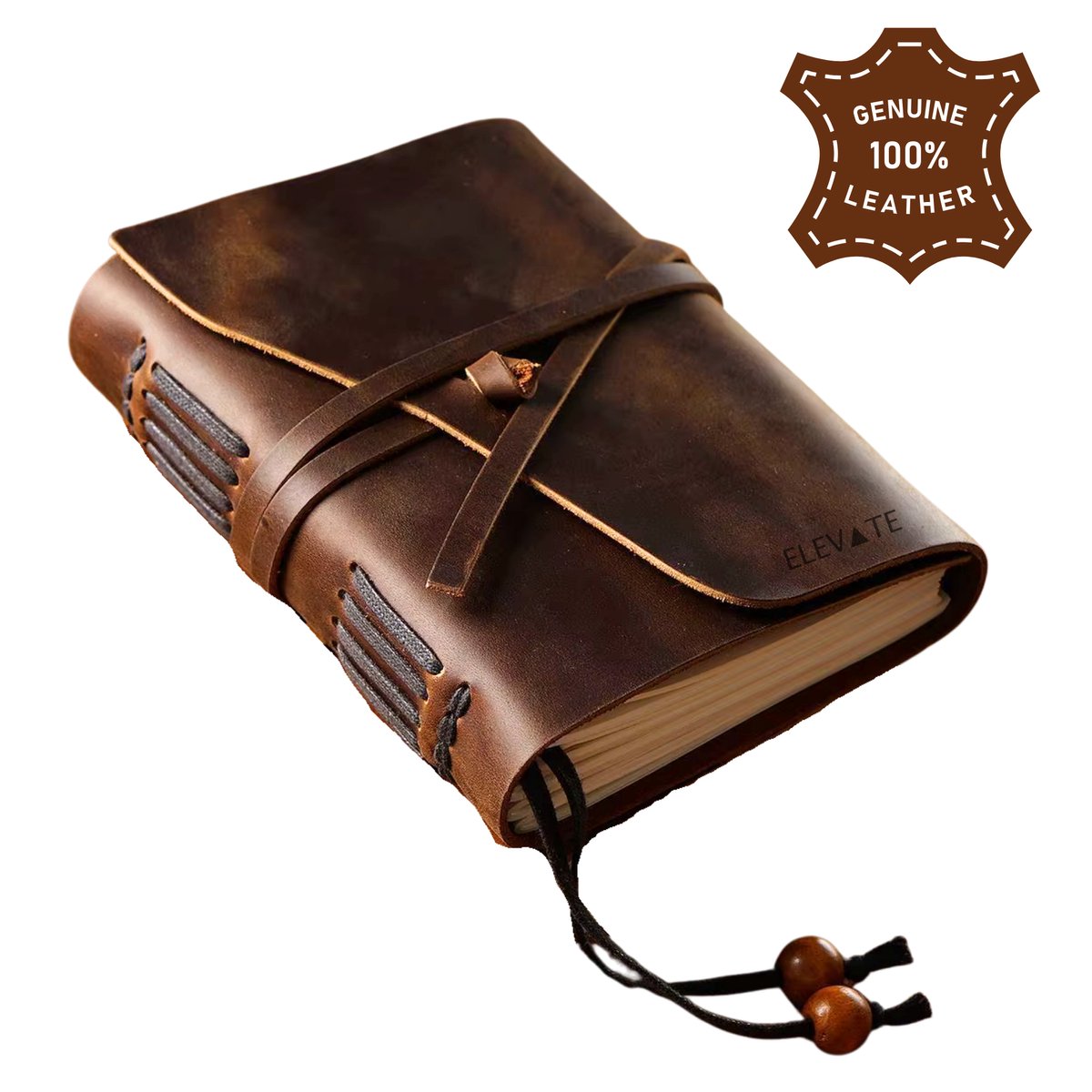 ELEVATE® Luxe Leren Notitieboek A5 – Crazy Horse Full-Grain Leer – 150 Pagina’s – Handgemaakt – Vintage Journal – Donkerbruin (Walnut)