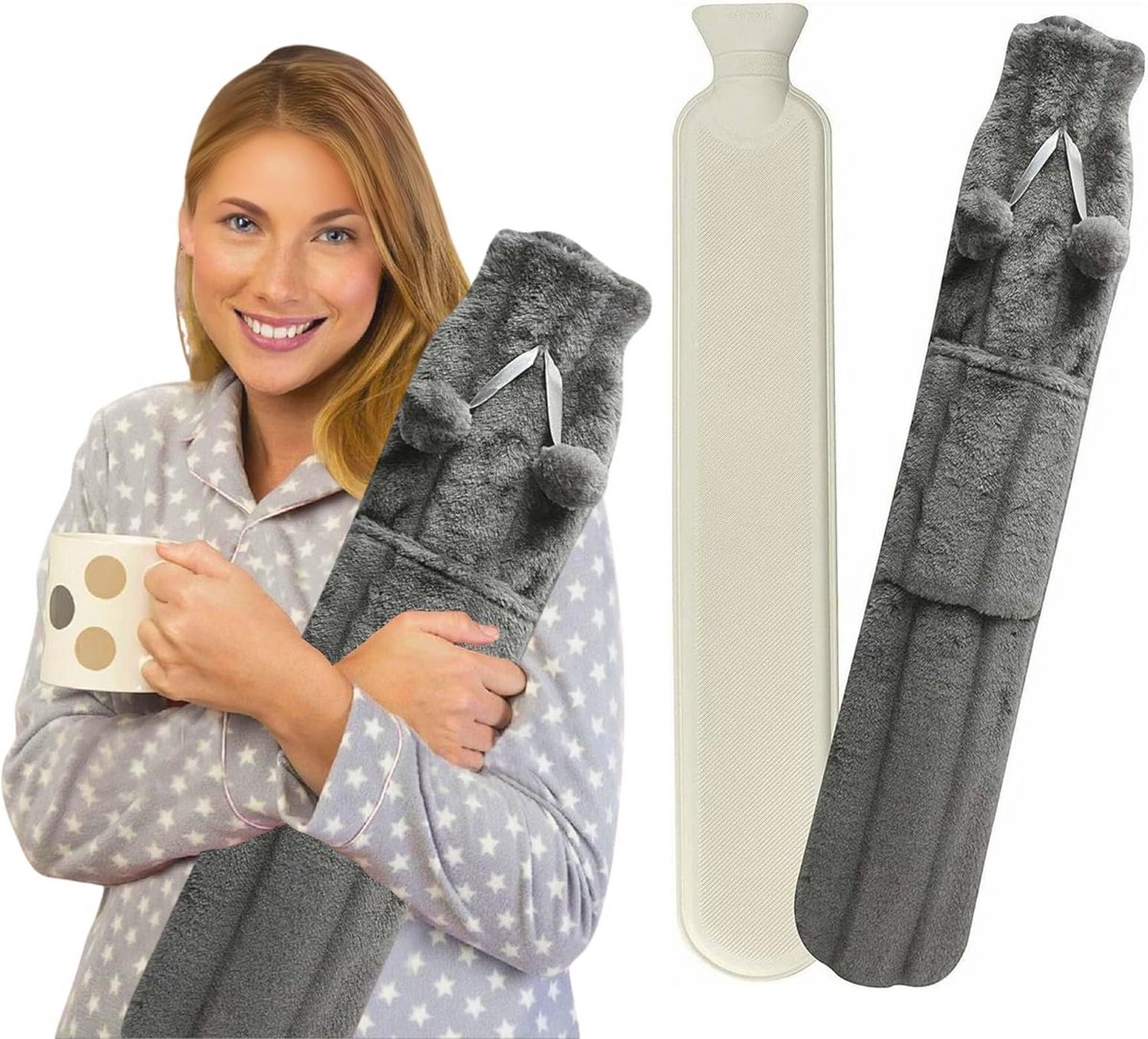 Extra lange 72 cm warmwaterkruik met pompons en zachte nepleren hoes - Comfortabel en veilig voor warmte