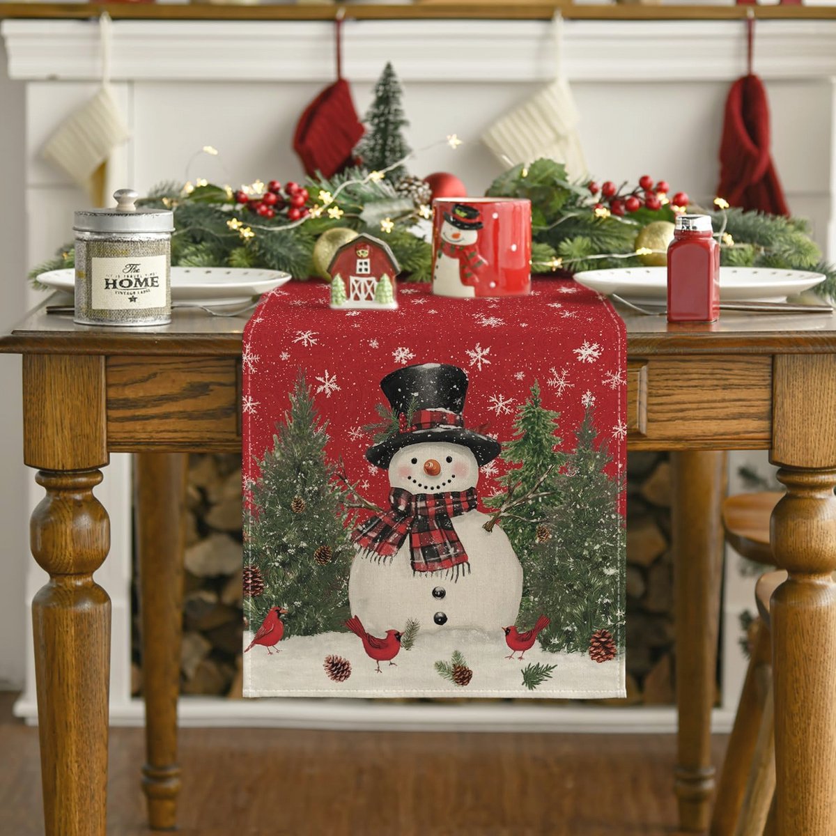 Sneeuwpop Vogels Sjaal Bomen Tafelloper – Winter Keuken Eettafel Decoratie 40x240 cm