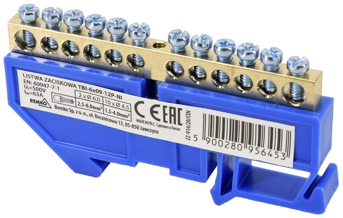 Schelinger DIN-rail Klemblok 12-polig - 63A - 500V - Blauwe Verdeelstrip - 35mm DIN-rail - 1 Module