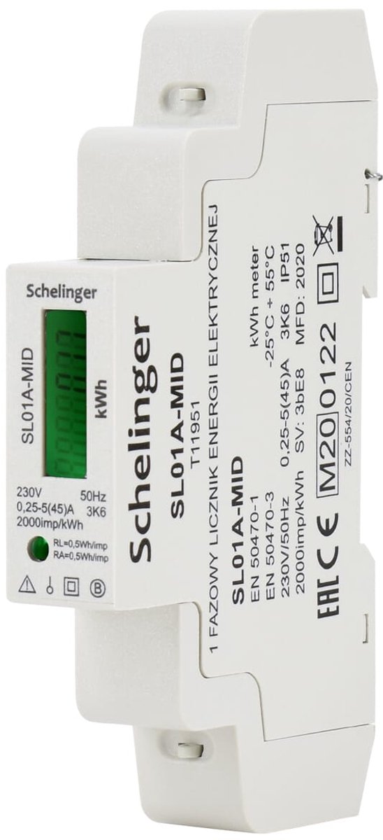 Schelinger Elektriciteitsmeter 1-fase - 230V - 45A - DIN-rail - IP51