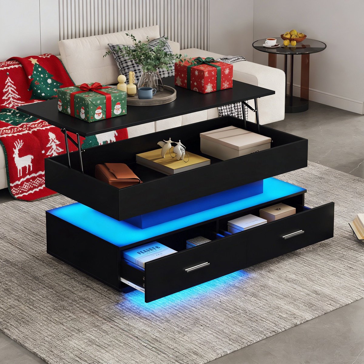 REDOM Hydraulisch verstelbare salontafel 100×50×44 cm — LED met Bluetooth-app, 2 lades & verborgen opbergruimte, zwart