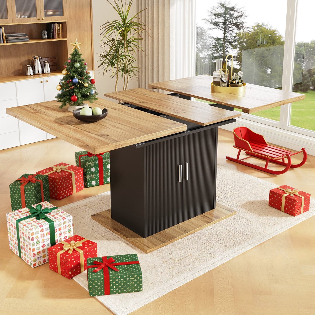 REDOM Eettafel 110-140*70*76cm van MDF-hout, uitschuifbaar met opbergruimte en golvende deur, zwart