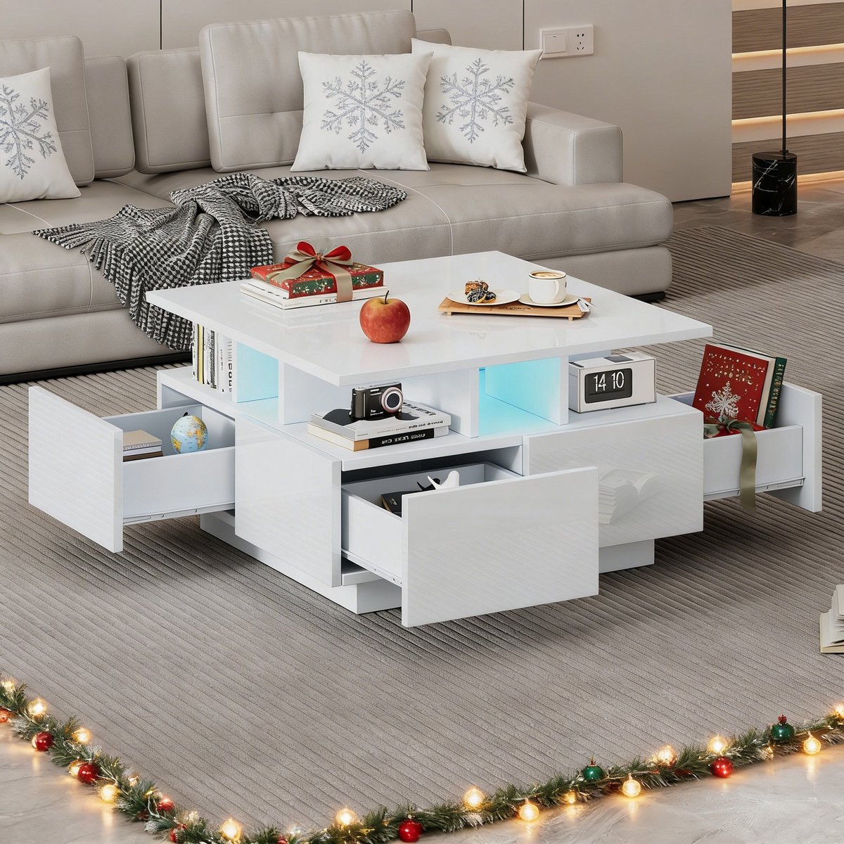 REDOM Salontafel 70x70x40 cm van spaanplaat, kubusontwerp met LED-verlichting en 4 laden, hoogglans wit