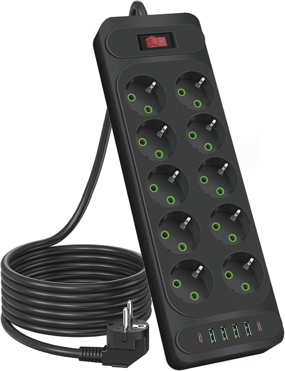 USB-stopcontact met 10 aansluitingen en schakelaar - 4 USB-A en 2 USB-C poorten voor thuis en kantoor