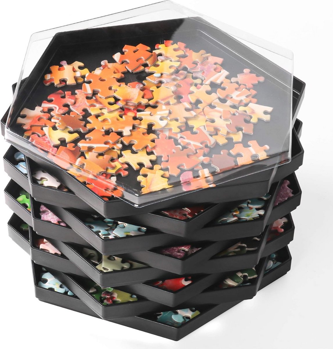 Stapelbare puzzel sorteerbakjes met deksel voor 1500 stukjes - 8 zeshoekige bakjes