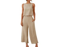 Zomer Co-ord Set Dames: Mouwloze Croptop en Wijde Linentrui met Zakken
