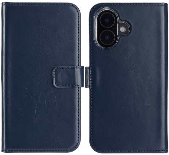 Blauw echt lederen telefoonhoesje, dichtgeklapt, met magneetsluiting en camera-uitsparing.