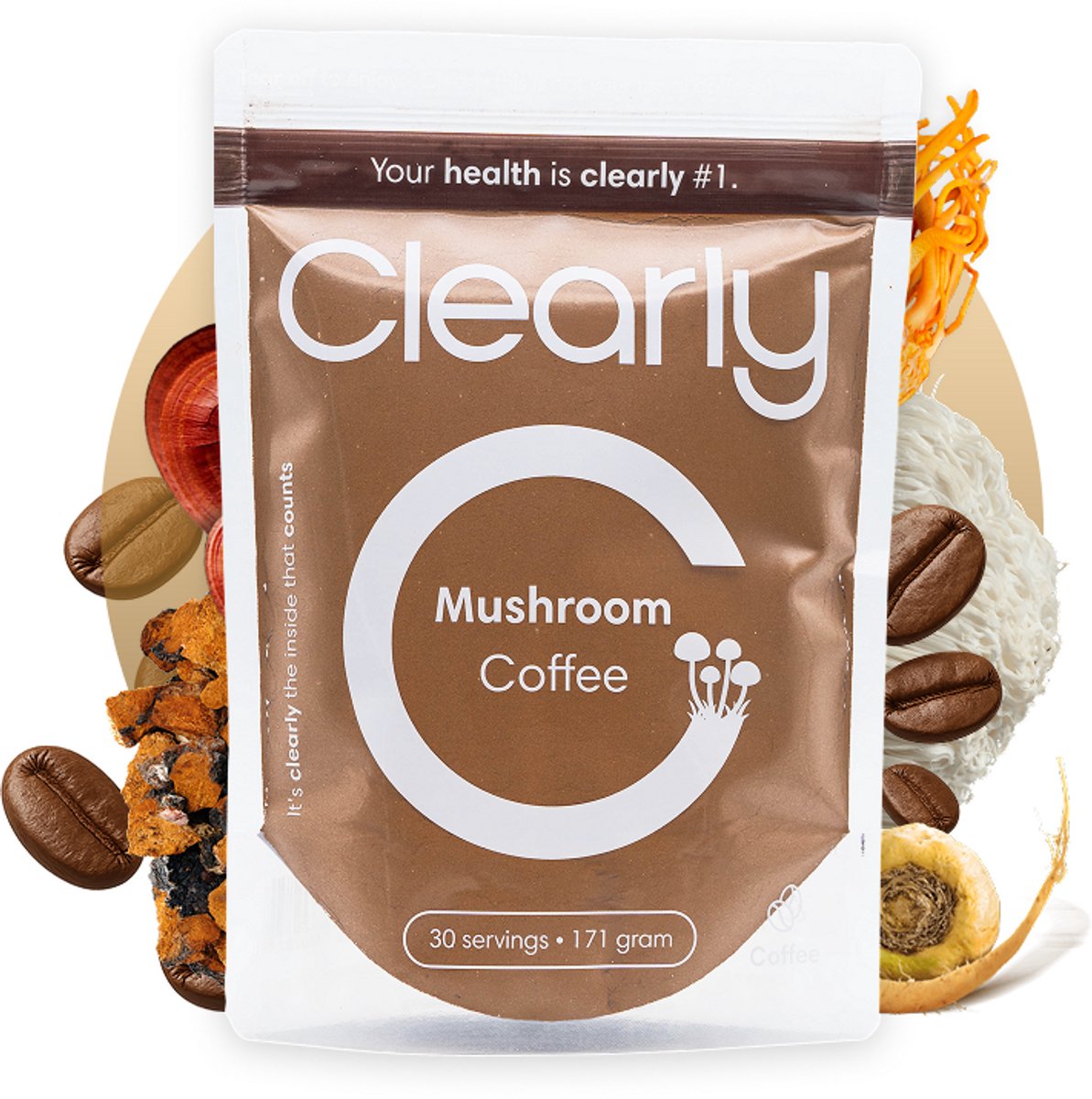 Clearly Mushroom Coffee – Koffie met Maca, Lion’s Mane, Chaga, Cordyceps, Reishi, Maitake, Rhodiola & L-theanine – 171 g