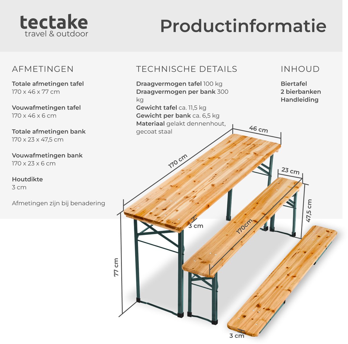 tectake® Biertafel met 2 Banken - 8 personen - 170 cm lang - 3-delige Biertafelset met inklapbare Tafel en Bierbanken - Tuintafel - Bierbank Oktoberfest - Picknicktafel thumbnail 6