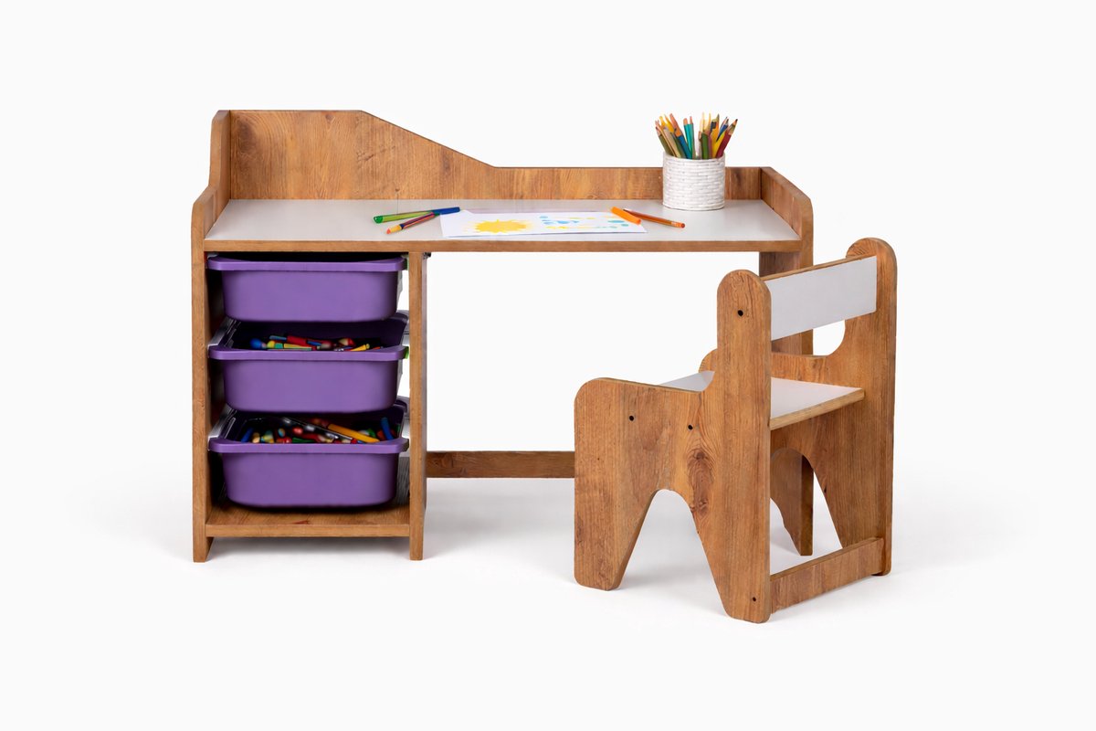 WoodWorks Kinderbureau met stoel – MDF hout – Kindertafel inclusief 3 paarse plastic lades – Walnoot/Wit – Voor kinderen 2-6 jaar