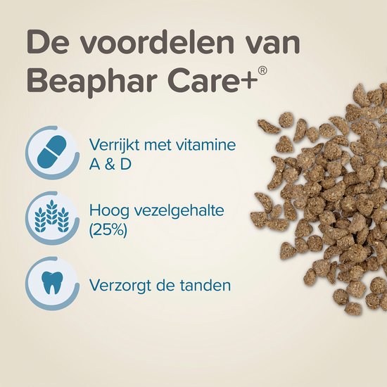 Bruine konijnenbrokken liggen naast tekst die de voordelen van Beaphar Care+ benadrukt: vitamine A&D, hoog vezelgehalte, tandverzorging.