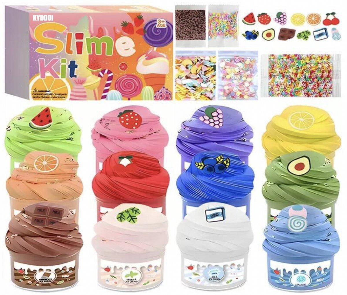KYDDOI Fluffy Slijm set 12 stuks - Fluffy Slime Pakket Inclusief fruit-/chocolade-/glitteraccessoires - Educatief Speelgoed - Butter Slime - van 5 tot 12 Jaar