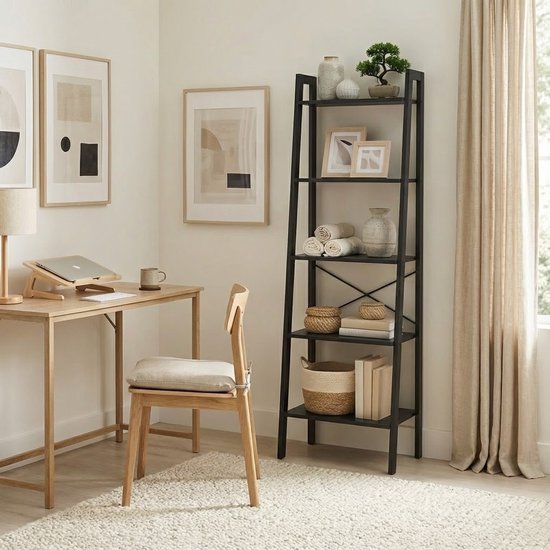 MAZAZU - Boekenkast - 5-laags ladderkast - Kast - Industrieel - houten planken & metalen frame - Zwart - 34x56x172cm