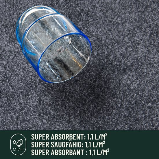 Close-up van een grijze, ruwe deurmat met een blauw-glazen glas erop, met tekst over absorptie.