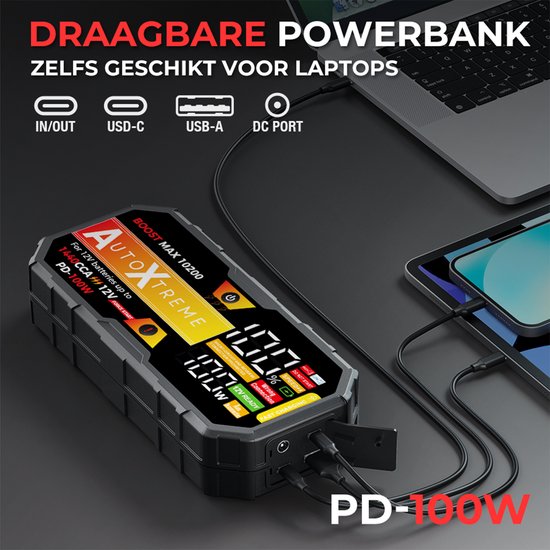 Batterie de démarrage AutoXtreme noire connectée à un ordinateur portable et une tablette, avec PD-100W.