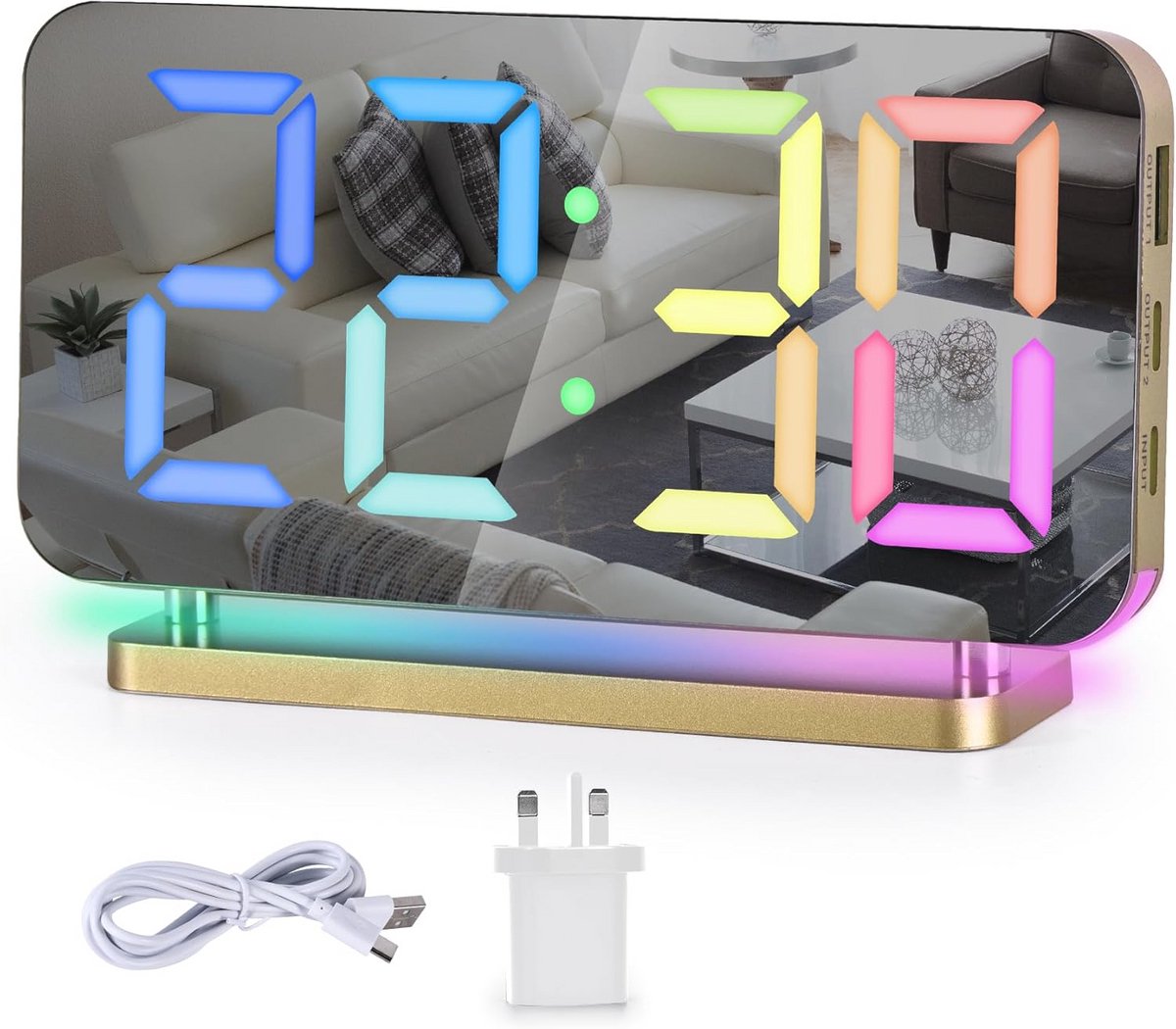 Digitale wekker met 7,4 inch LED-spiegelklok en RGB-nachtlampje