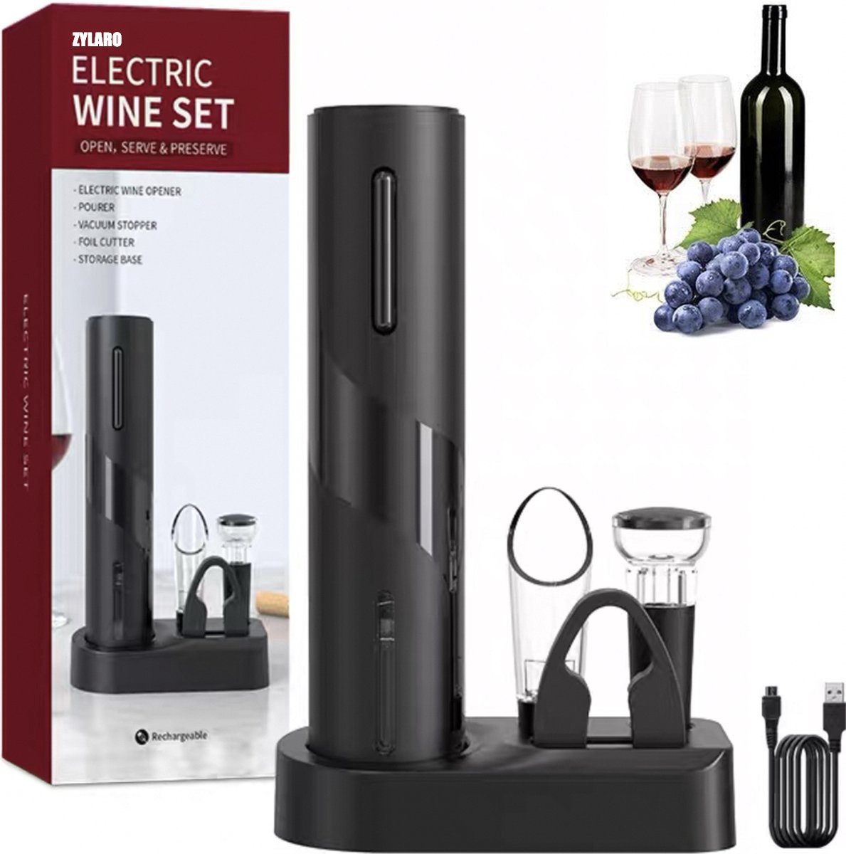 ZYLARO - 6-in-1 - Elektrische Kurkentrekker - Elektrische Wijnopener - Wijnset - Wijn accessoires - Wijnopener - Perfect kerstcadeau