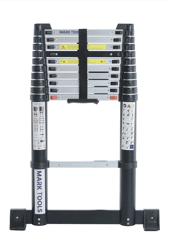 Een ingeschoven aluminium telescoopladder met zwarte poten.