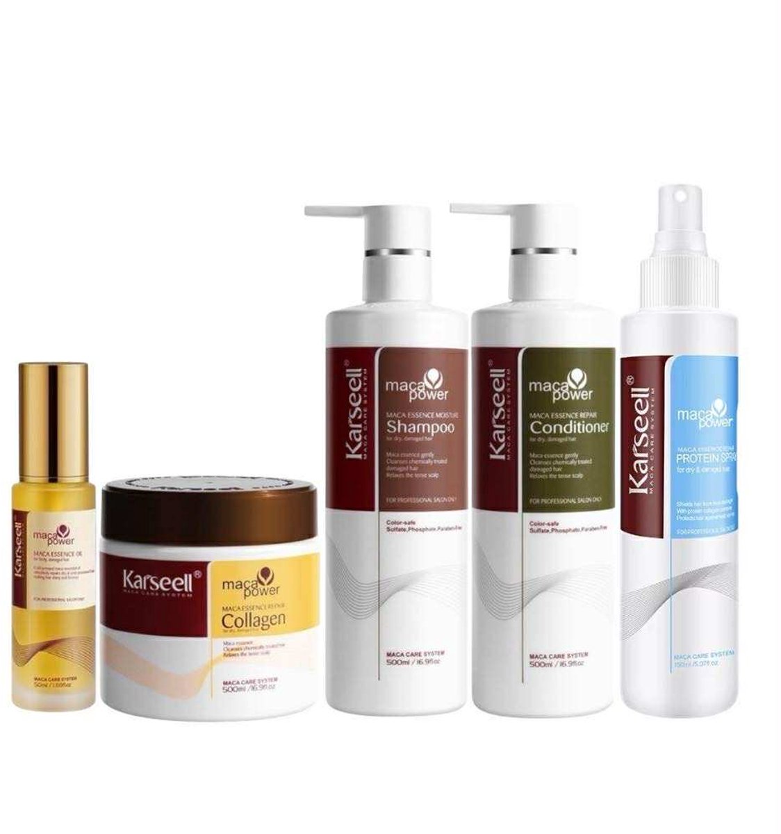 Karseell - Haarmasker 500 ml + Shampoo 500 ml + Conditioner 500ml + Maca Care System Protein Spray 200 ml + Haarolie 50 ml - Extra Bundelvoordeel