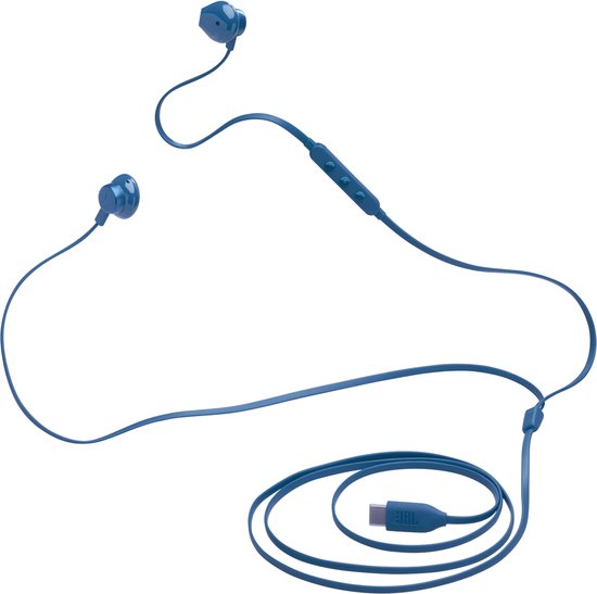 Blauwe JBL oordopjes met opgerold snoer en USB-C connector.