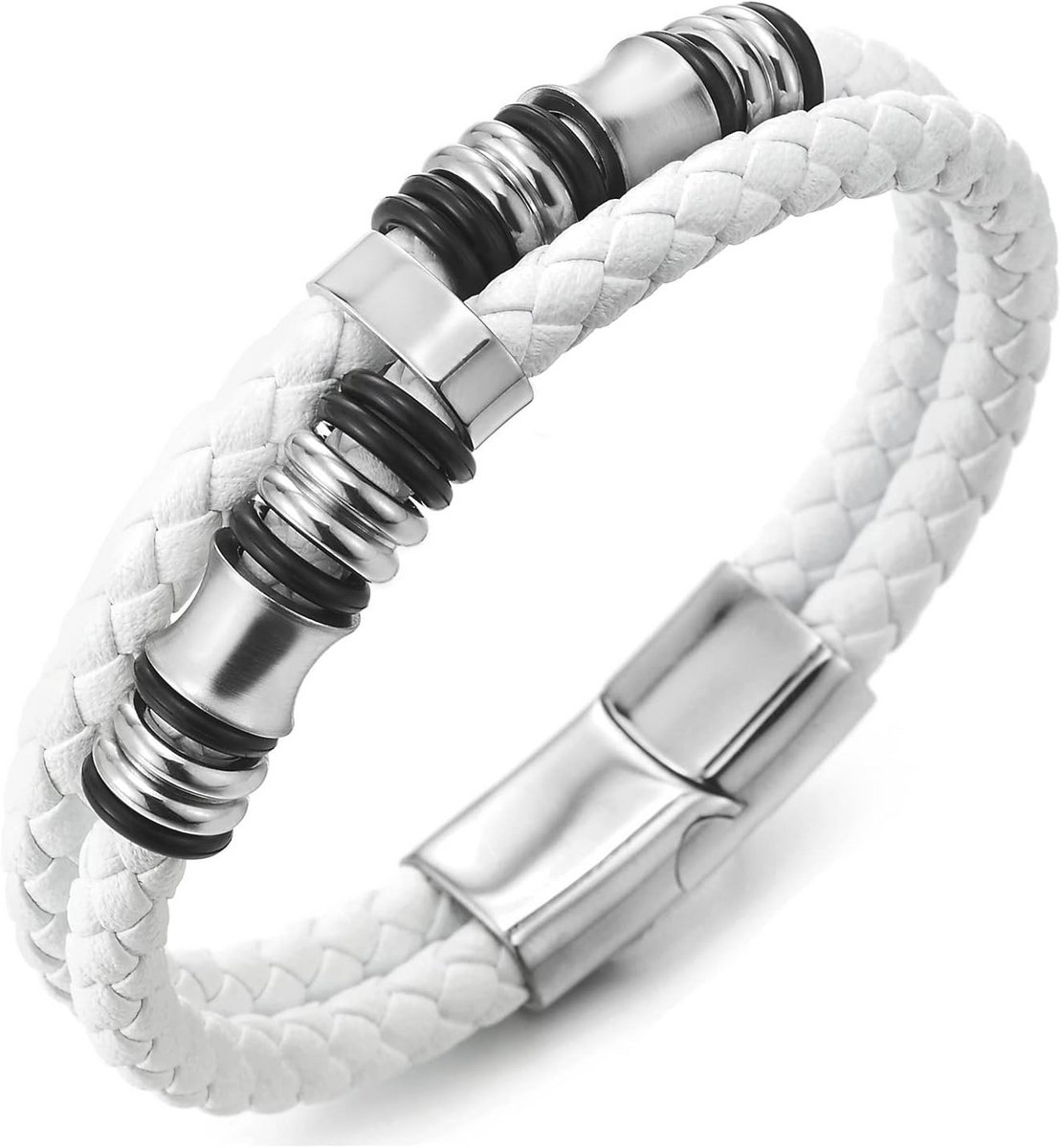 Dubbellaags Herenarmband van Gevlochten Leer met RVS Magnetische Sluiting
