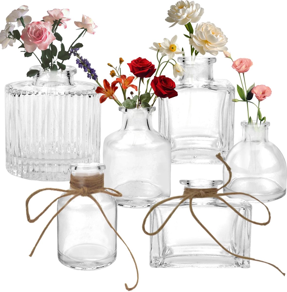 IMPERATORIS® Glazen Vazen / Glazen Flessen – Mini Decoratieve Vaas Flesjes – Helder Glas – Inclusief Strik – 6 Stuks – 5.2 x 5.2 x 7.5 cm – Transparant