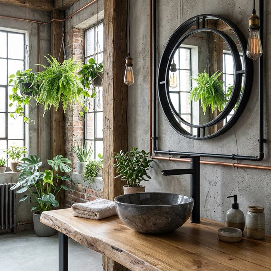 Baignoire en marbre avec robinet noir mat sur une table en bois dans une salle de bain industrielle avec beaucoup de plantes.