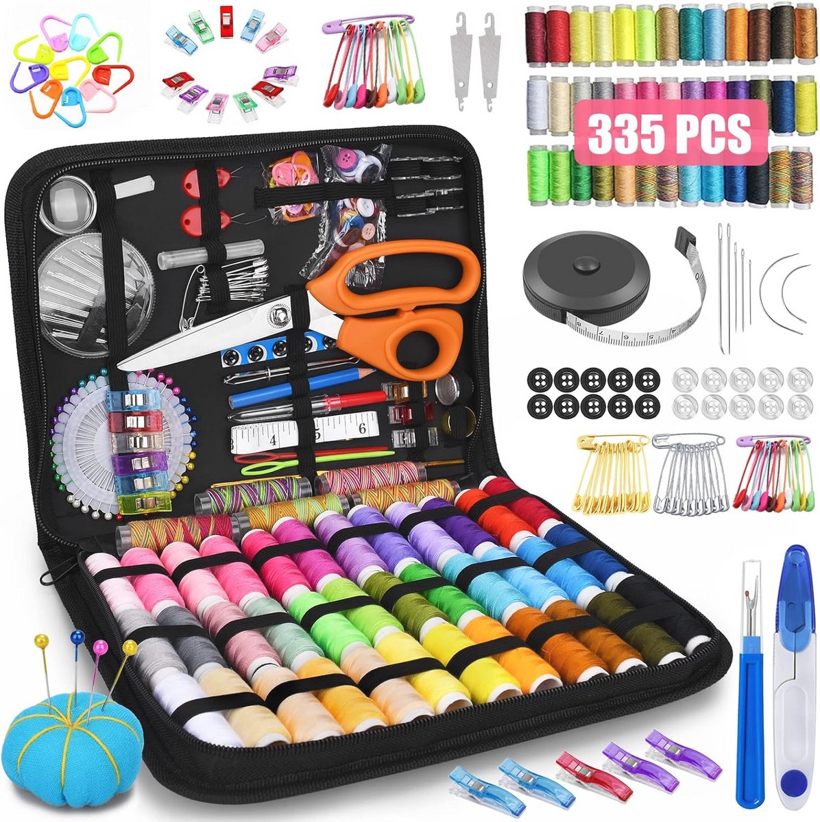Complete Naaiset met 335 Accessoires en 43 Spoelen Draad voor Thuis en Reizen