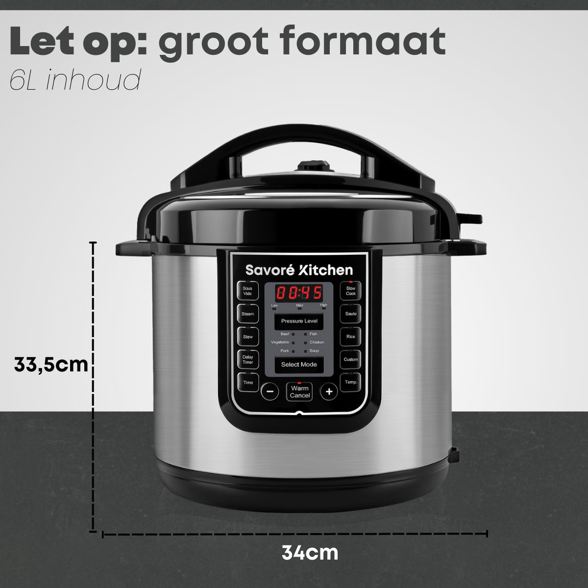 Savoré Kitchen Pressure Cooker 6L – Tot 6 Pers. – PFAS-vrij – 29 × 33,5 cm – Snelkookpan, Rijstkoker, Slowcooker, Stomer, Sous-vide & Multicooker – foto 7