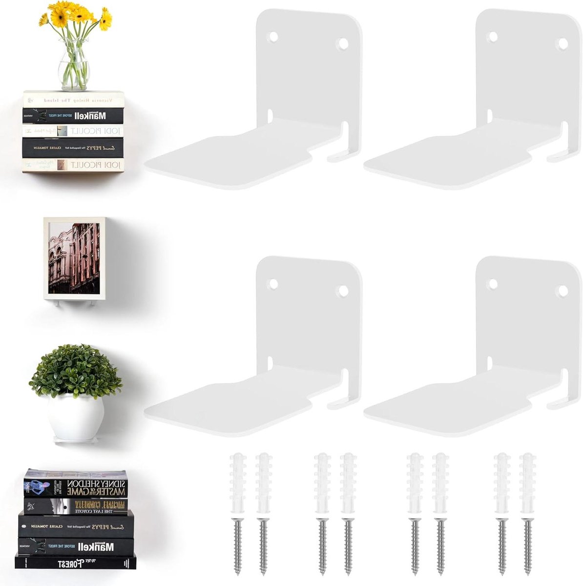 Clord - Onzichtbare Boekenplank Set - Zwevend Wandrek - Robuuste IJzeren Wandmontage - 4 Stuks (Wit)