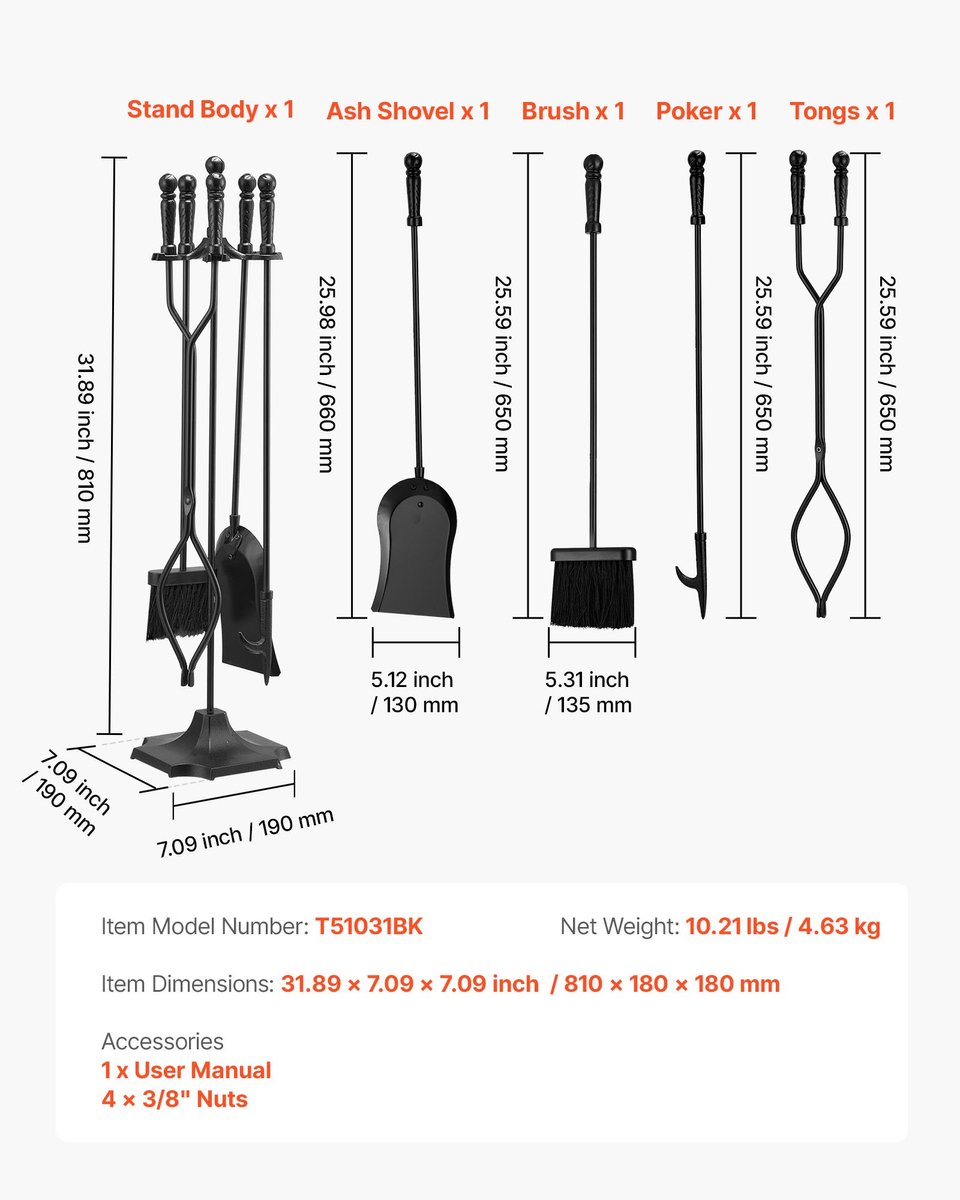 Haardgereedschapset / Openhaardset - 5-Delig - Smeedijzer - Vijfpuntige Standaard - Pook, Tang, Schep, Borstel - Voor Binnen & Buiten - Zwart
