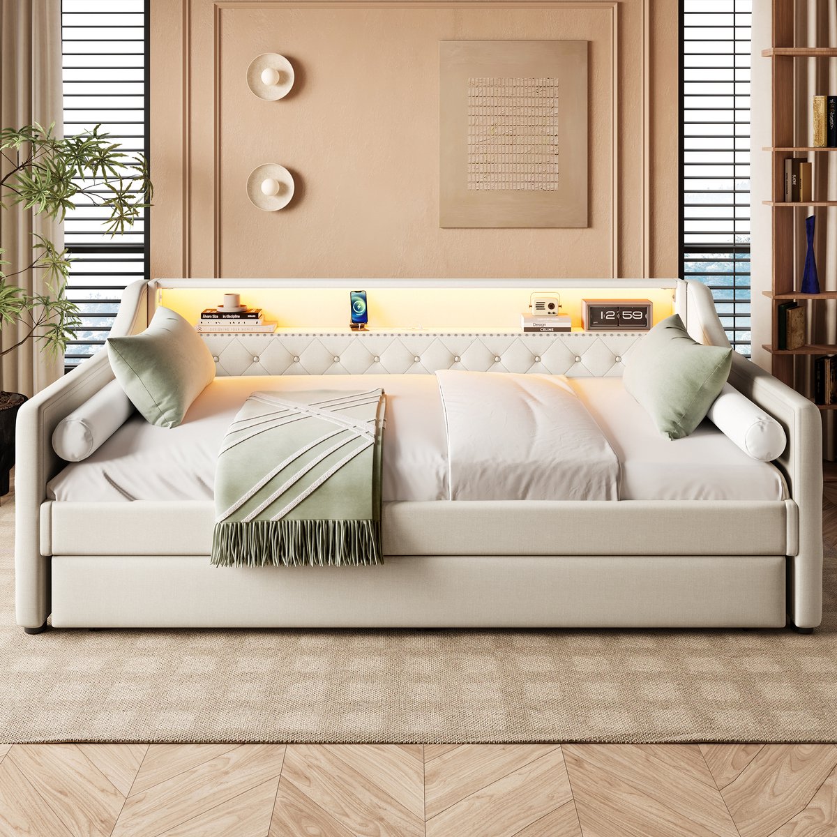 Wishdor Dagbed met Uitschuifbed - Eenpersoonsbed 90x200 cm - Beige Linnen - met App-gestuurde LED Verlichting & USB - Capitonné Design - 150 kg