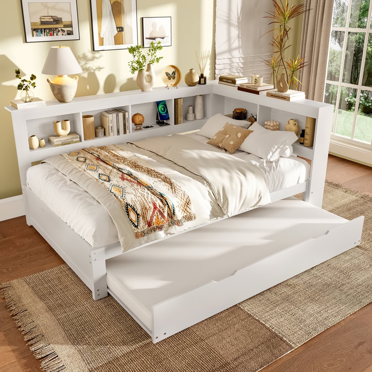 MODFU Bedframe 140x200 cm van MDF en pijnhout, met uitschuifbaar bed, 2 lades en USB-poort