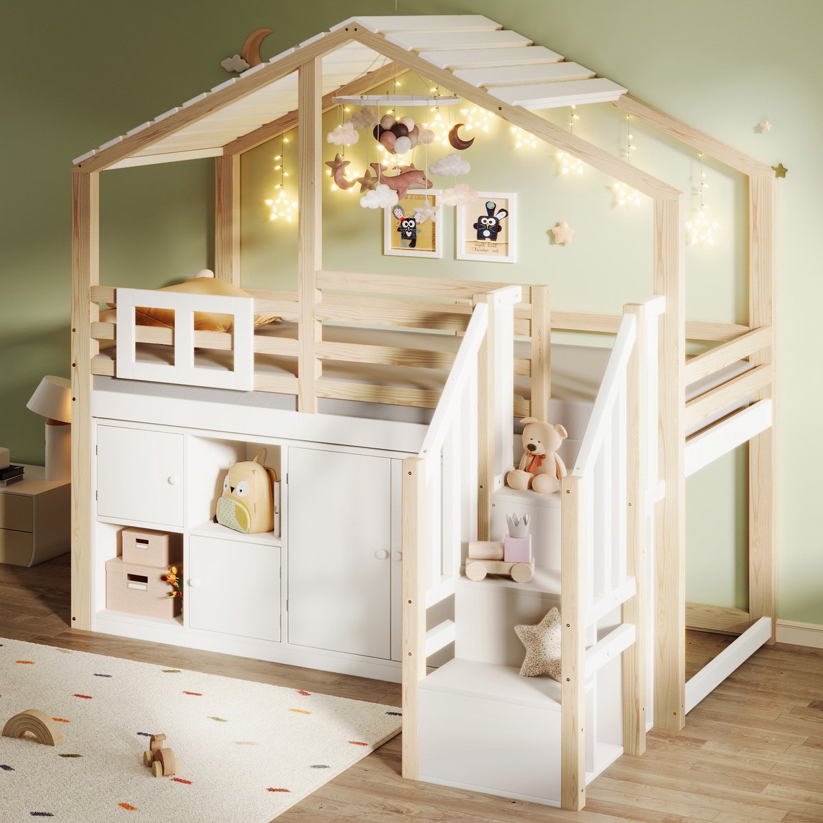 REDOM Bedframe 90x200 cm – Huisvorm hoogslaper met trap & opbergruimte – Dennen/MDF – Wit/Naturel