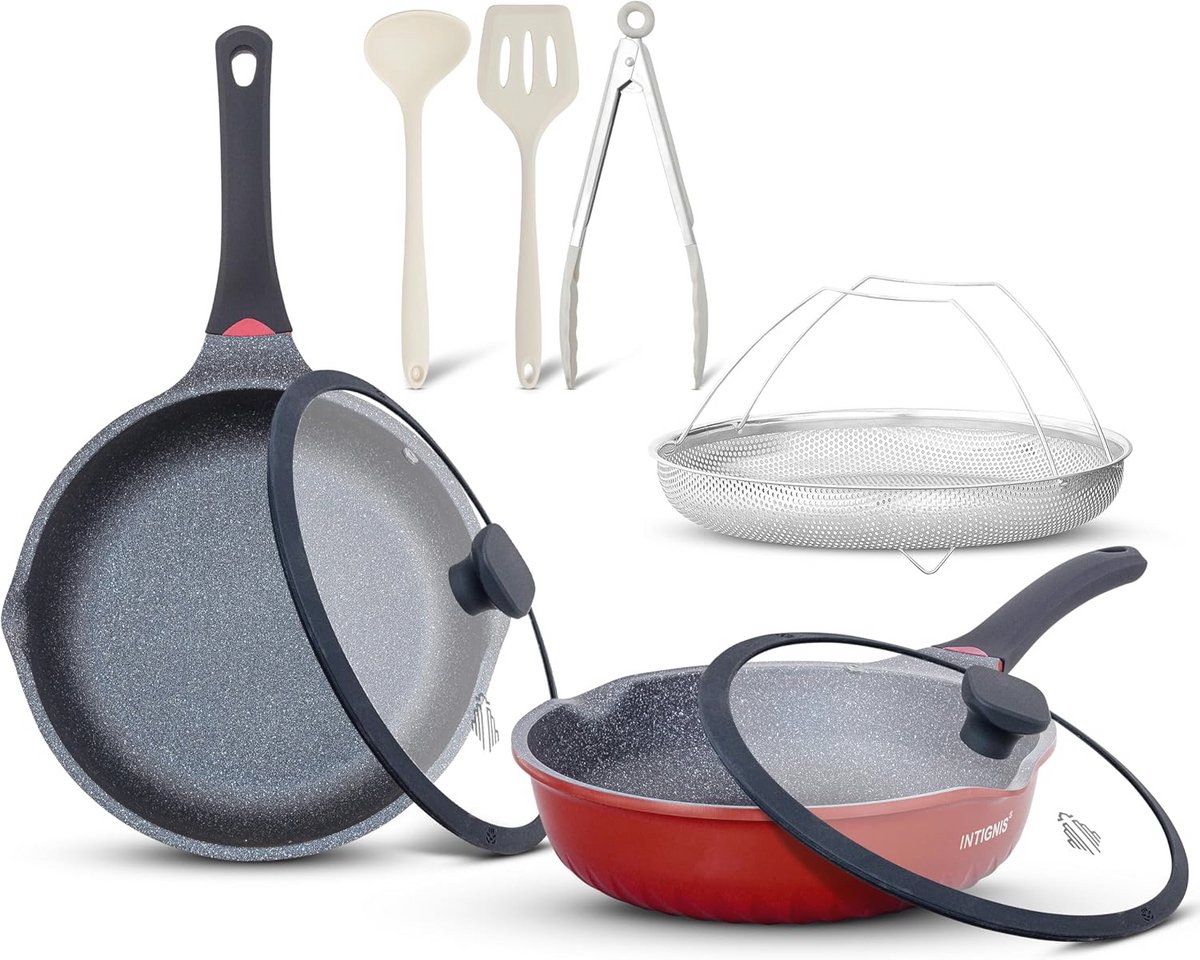 Diep keramische koekenpan set met deksels - 28cm en 30cm - Geschikt voor inductie