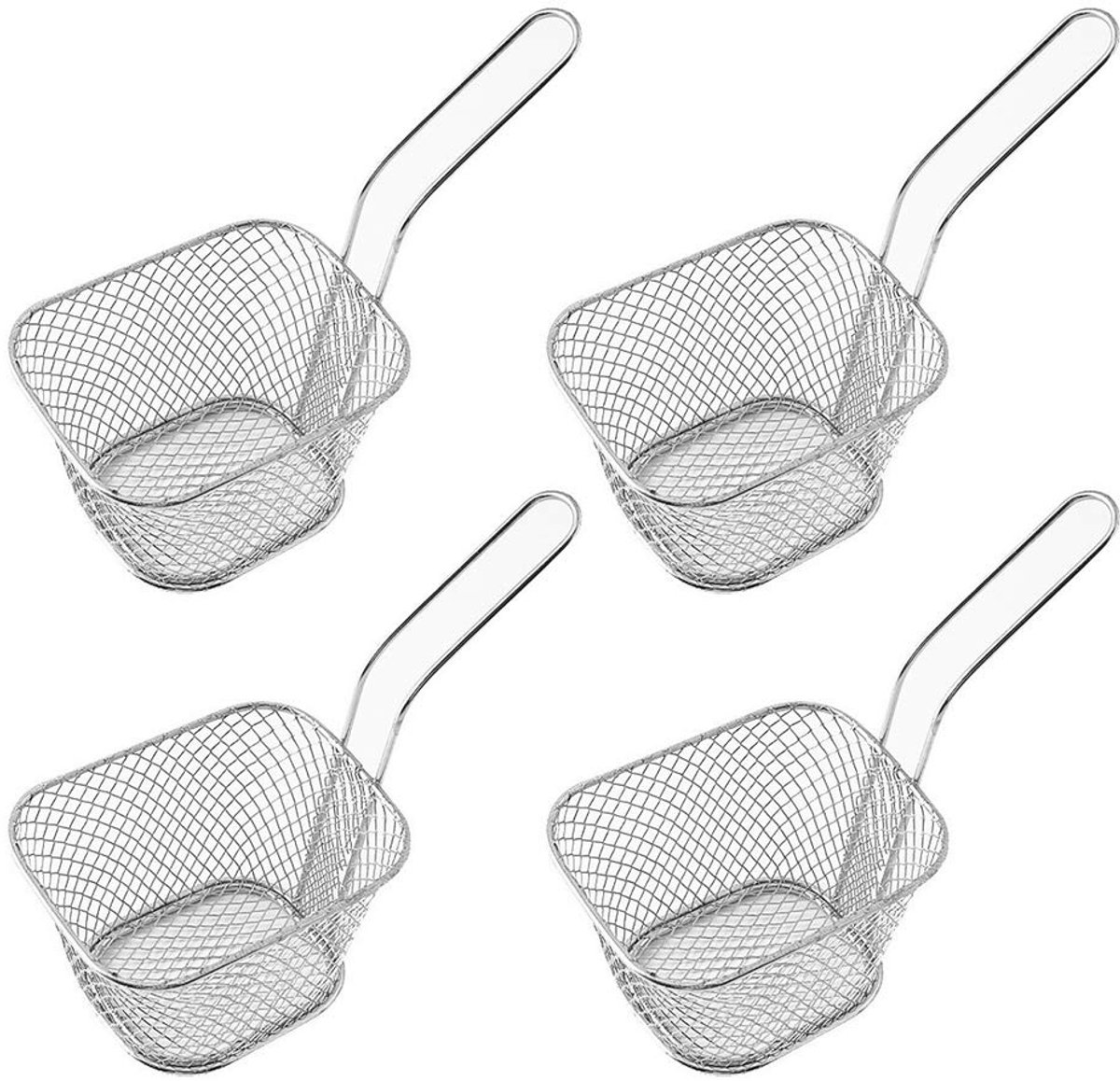 Daity Vier roestvrijstalen frituurmandjes (10,5*8,5*6,5 cm), gemaakt van roestvrij staal met handvatten. Geschikt voor het frituren van friet, chips, enz., of als serveermandje op tafel. Een geweldige hulp in de keuken (zilver).
