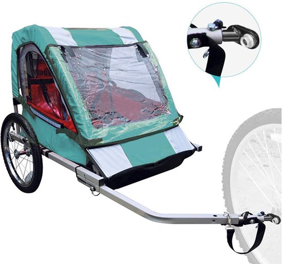 Groene en witte fietskar met een fietswiel en koppeling, met detailafbeelding.