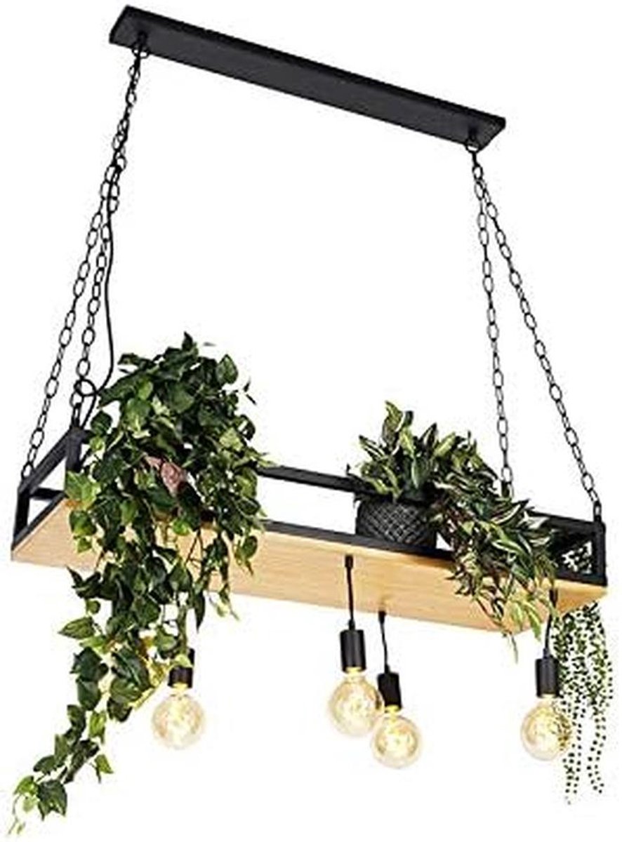 Industriële Rechthoekige Plafondlamp Zwart met Hout voor Woonkamer en Keuken