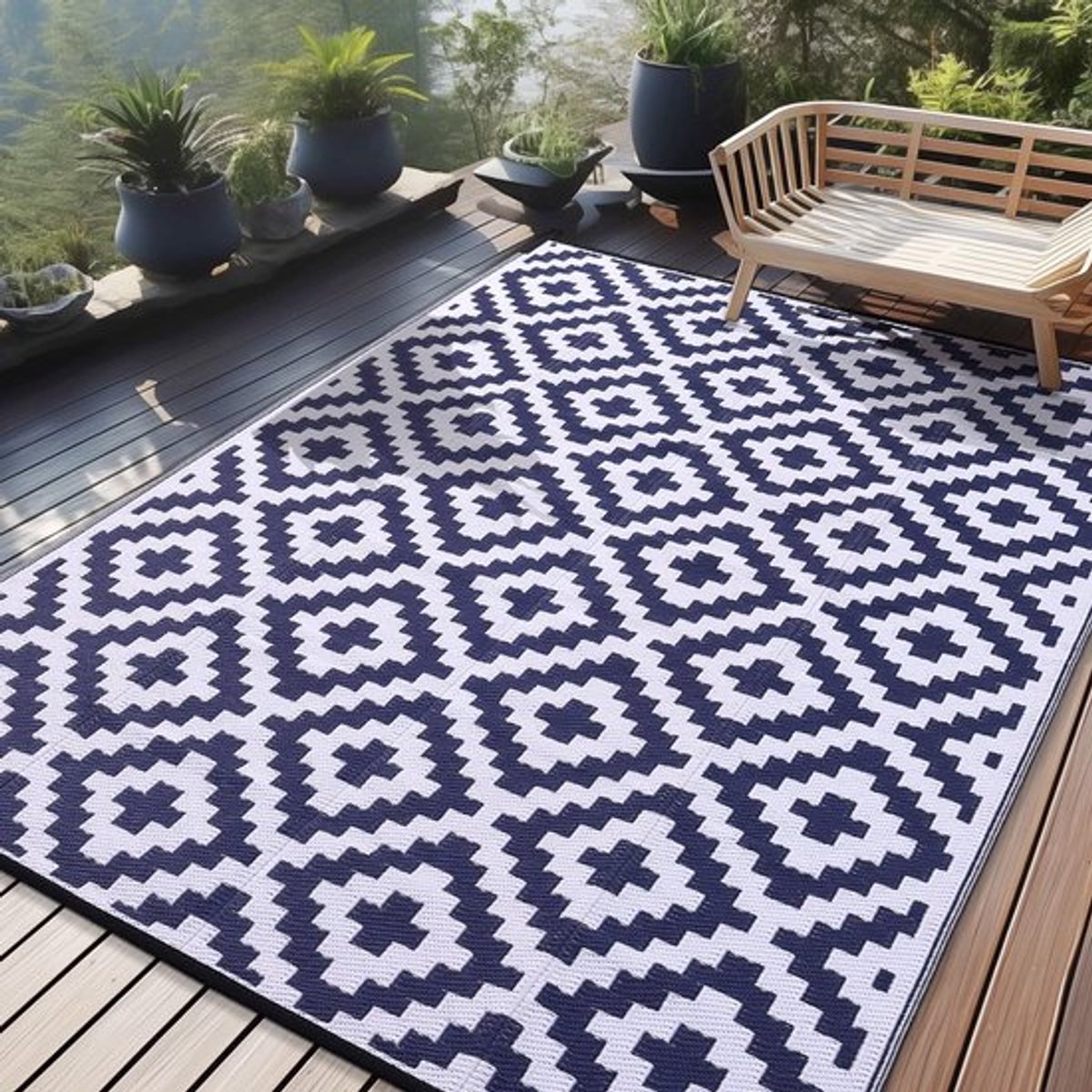 Homaxy - Buitenkleden - Waterdicht Buitenkleed - Buitenkleden - Omkeerbare Plastic Vloerkleden Voor Terras - Camping en Buiten - Donkerblauw en wit - 8*10ft(242*305cm)