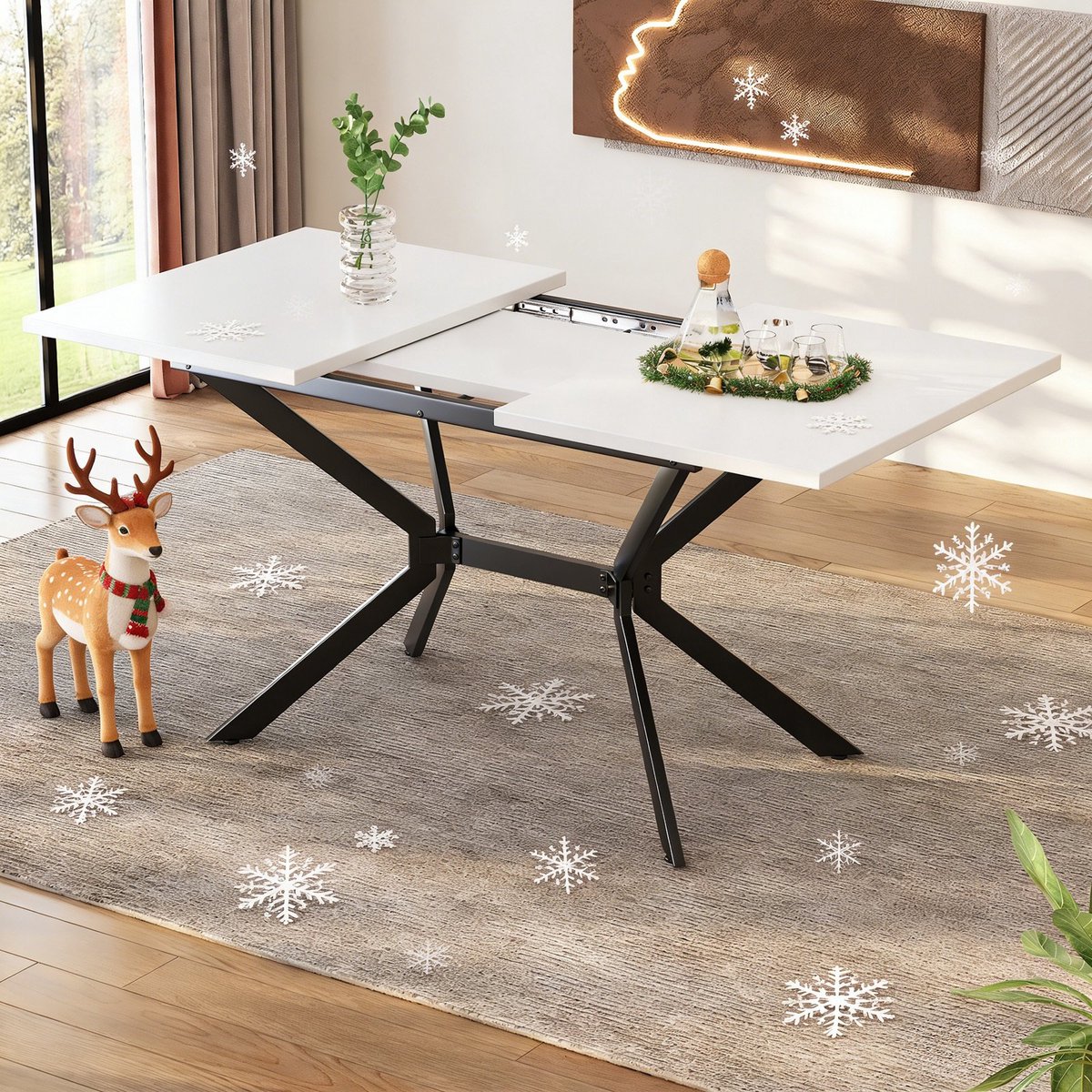 REDOM Eettafel uitschuifbaar: 120–160x80 cm van MDF en metaal, wit blad en zwart metalen poten, modern