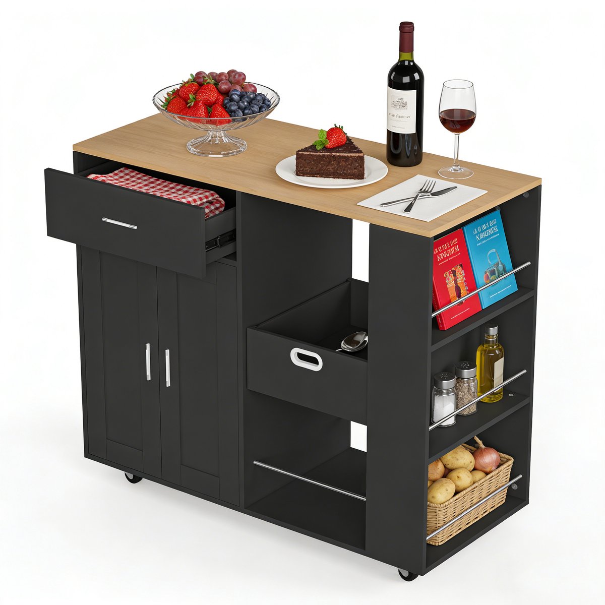 Keukentrolley op Wieltjes – Serveerwagen met Werkblad, Handdoekhouder, 3 Kruidenrekken en 2 Laden, Verrijdbare Keukenkast voor Keuken/Eetkamer/Bar (Zwart/Hout)