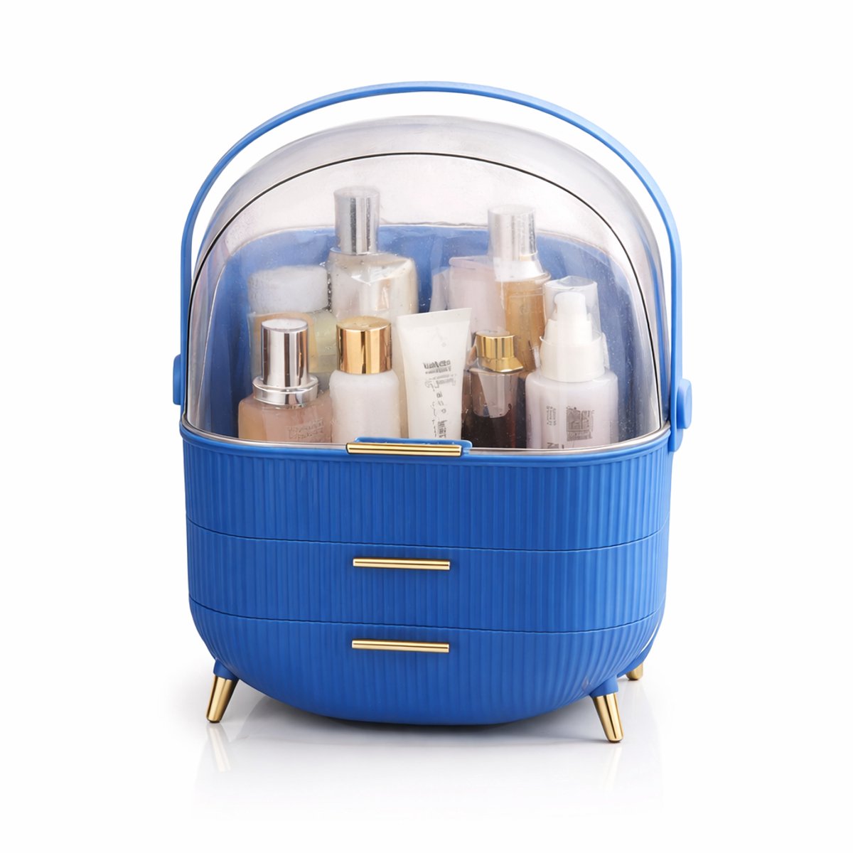 NETTLIFE Make Up Organizer - Skincare Organizer - Organizer Make Up - met 3 niveaus - Make up koffer - Opbergdoos - draaibare handgreep en doorzichtig deksel - Water- en stofdichte cosmetica - Marineblauw