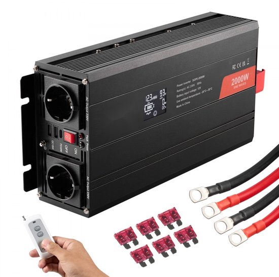 Stroomomvormer 12V naar 230V - Zuivere sinus 2000 W - Stopcontacten 2x - USB-poorten 2x + USB-C 1x - LCD-scherm - Afstandsbediening