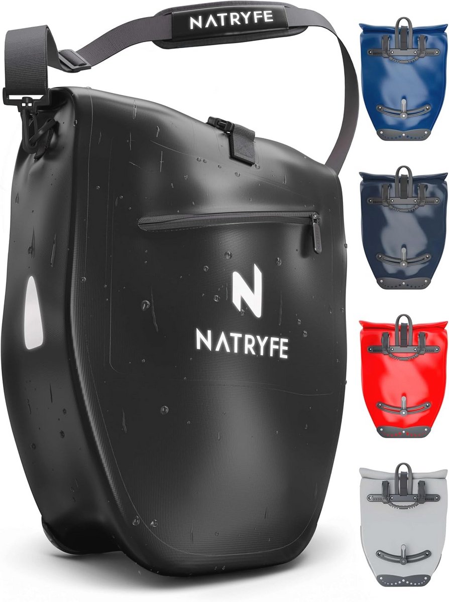 Fietstas voor bagagedrager, 28 liter volume, 100% waterdicht en robuust, met reflectoren en schouderband, stevige bevestiging op elke bagagedrager