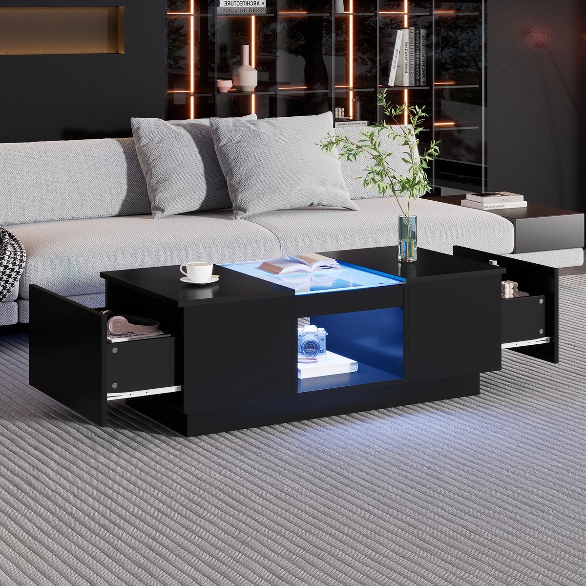 Merax Zwarte salontafel 100x50x35,5 cm - met glazen blad - LED-verlichting - app-bediening - 2 lades en 1 open vak
